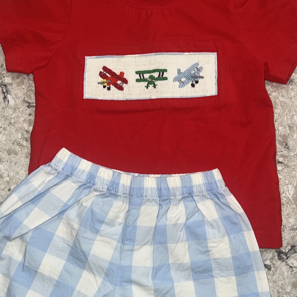 Busy bee smocks Red Airplane T-Shirt and Blue Checkered smocked Shorts Set